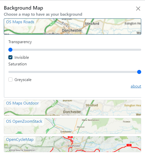 Background maps panel - showing the different maps you can choose from and also how you can change the transparency and saturation