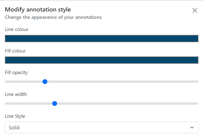 Feature style panel - showing options for changing the line and fill colour of your polygon, the opacity and thickness of the outline and also the style of the outline