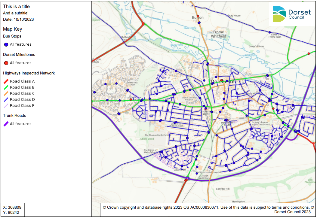 PDF output - showing an example of a map that has been exported with a pinned legend